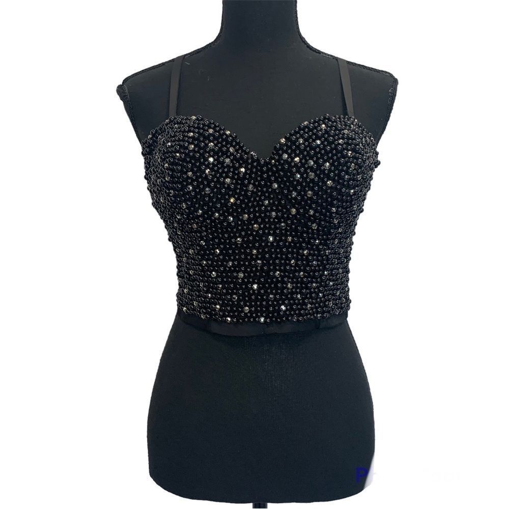 BLACK faux pearl chrome rhinestone embellished bustier corset crop top Sz L